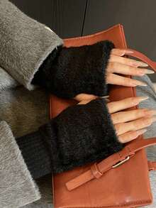 1 para damskich, jednokolorowych, dzianinowych rękawiczek bez palców, puszystych i ciepłych, odpowiednich do dojazdów do pracy, jesień/zima - Wielokolorowe - Zobacz 11