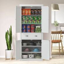 72" Kitchen Pantry Storage Cabinet, Freestanding Utility Cabinets With Doors, Drawer And 3 Adjustable Shelves, Tall Food Buffet Pantries For Kitchen, Living Room, Dinning Room, Laundry, White - White - View 9