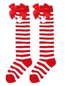 1 Par de Meias Acima do Joelho com Laço Festivo para Festa/Reunião, Listradas em Vermelho e Verde, Adequadas para Decorações de Natal e Decoração de Casa, Decoração de Quarto de Inverno