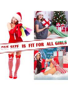 1 Par de Meias Acima do Joelho com Laço Festivo para Festa/Reunião, Listradas em Vermelho e Verde, Adequadas para Decorações de Natal e Decoração de Casa, Decoração de Quarto de Inverno