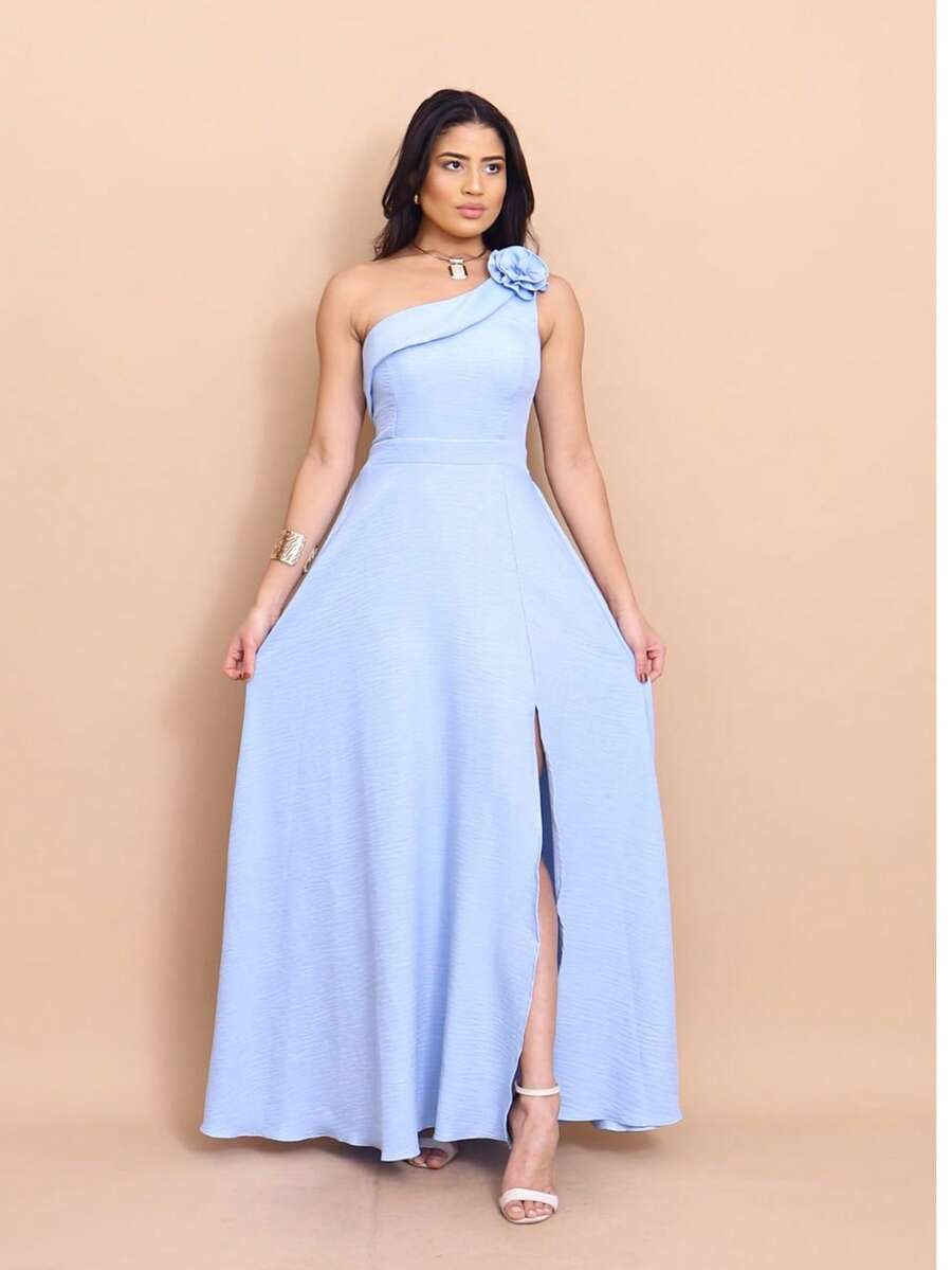 Helena Long Dress Luxury Plain Duna Linen With Slit Flowers One Shoulder - Màu xanh nhạt - Xem 1