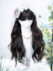 alicegarden 1 Synthetic Heat-Resistant Wig With Bangs, Black Long Rolled Wig, 28 Feet Long, Made Of Fiber, Suitable For Daily Use, Natural Simulation Wig