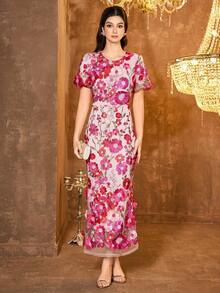 Women's Floral Embroidery Maxi Dress Wedding Guest Dress Evening Party Dress - 玫紅色 - 查看 4