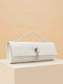 REMANLAND Geantă de mână lucioasă cu model de crocodil, geantă de mână de lux pentru femei, nouă pentru petreceri, geantă lungă elegantă, cu pandantiv metalic, potrivită pentru a fi asortată cu rochii elegante, ideală pentru petreceri de vară, întâlniri, gale, nunți și multe altele - alb - Vizualizare 4