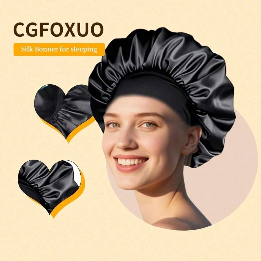1PCS Silk Bonnet For Sleeping Women Curly Hair Bonnets With Tie Band Double Layer Reversible Sleep Bonnet Silk Hair Wrap Sleep Cap(BLACK)