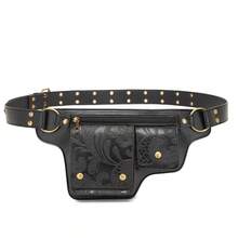 Style Waist Bag - Vintage Synthetic Leather Fanny Pack With Multiple Compartments, Golden Studs & Buckles For Women, Perfect For Outdoor Sports, Travel, And Casual Wear - 壓變黑色 - 查看 3