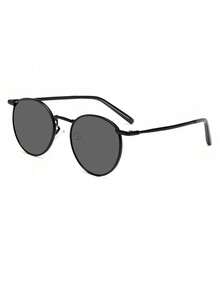 1 Pair Women's Metal Round Fashion Versatile Glasses, Metal Frame Daily Wear Elegant Sunglasses - Black Frame Gray Film - View 6
