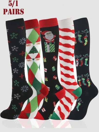 5/1 Pair Christmas Element Cute & Fun Compression Socks, Suitable For Running, Cycling, Outdoor Activities, Christmas