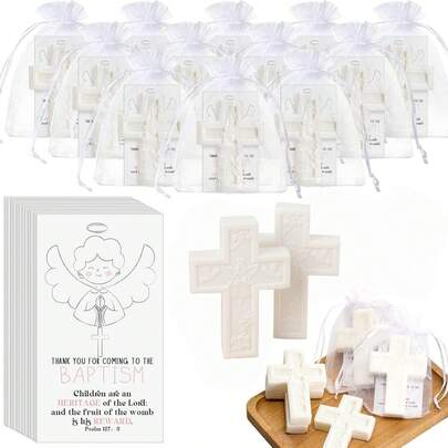 60pcs/20sets Baptism Favors For Guests Cross Soap Baby Shower Scented Soap Favors With Greeting Cards Organza Bag Christening Communion Baptism Party Gift For Guests Party Gender Reveal