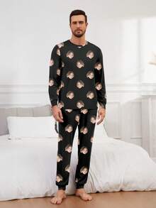 Printstory Customized Men's Long Sleeve Pajama Set, Can Print Any Pattern, Personalized Gift, Suitable For Family, Friends And Holiday Gatherings, Custom Face - Black - View 4
