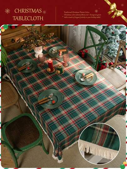 1pc Green Plaid Woven Tablecloth, Vintage American Style With Tassels, Rectangular For Dining Table, Coffee Table, TV Stand, Bedside Cabinet, Suitable For Christmas Holiday Family Gathering Party Decor, Creates Festive Atmosphere