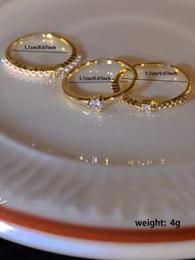 Nooxian 3pcs/Set Fashionable Cubic Zirconia Heart & Faux Pearl Decor Cuff Ring For Women For Daily Decoration Valentines