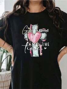 Camiseta cristiana "Dios es bueno" ,Camiseta informal de algodón de verano para mujer, manga corta, cuello redondo, 220 g/m2 (1 pieza) - Negro - Ver 1
