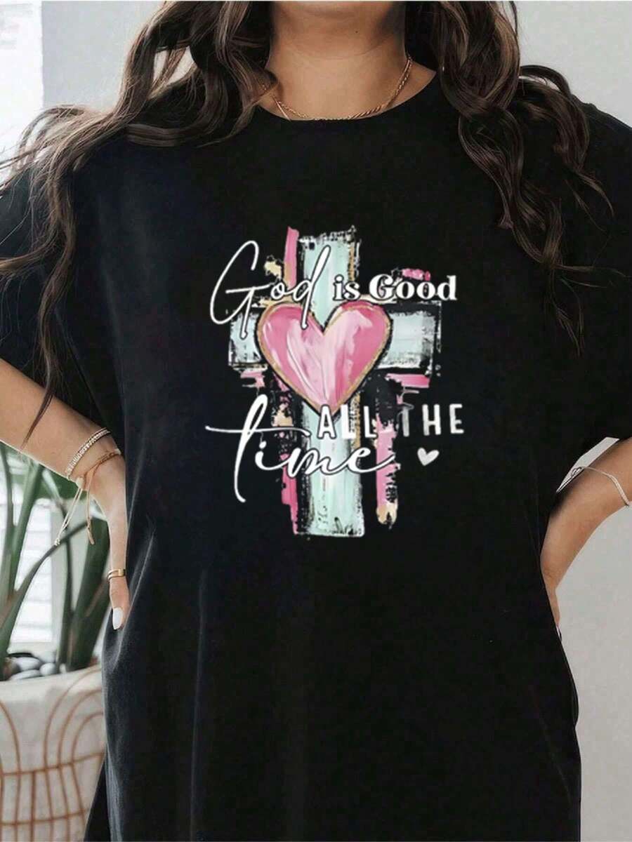 Camiseta cristiana "Dios es bueno" ,Camiseta informal de algodón de verano para mujer, manga corta, cuello redondo, 220 g/m2 (1 pieza) - Negro - Ver 1
