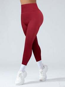 1pc Women Seamless Yoga Pants, Waist Slimming, Butt Lifting, High Elasticity, Slim Fit, Suitable For Yoga, Running, Cycling, Fitness And Other Sports - Burgundy - View 2