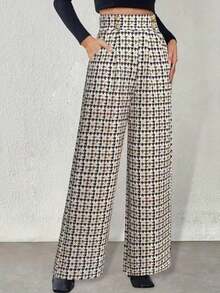 Houndstooth Thermal Lined Straight Leg Casual Pants, Autumn/Winter - Multicolor - View 1
