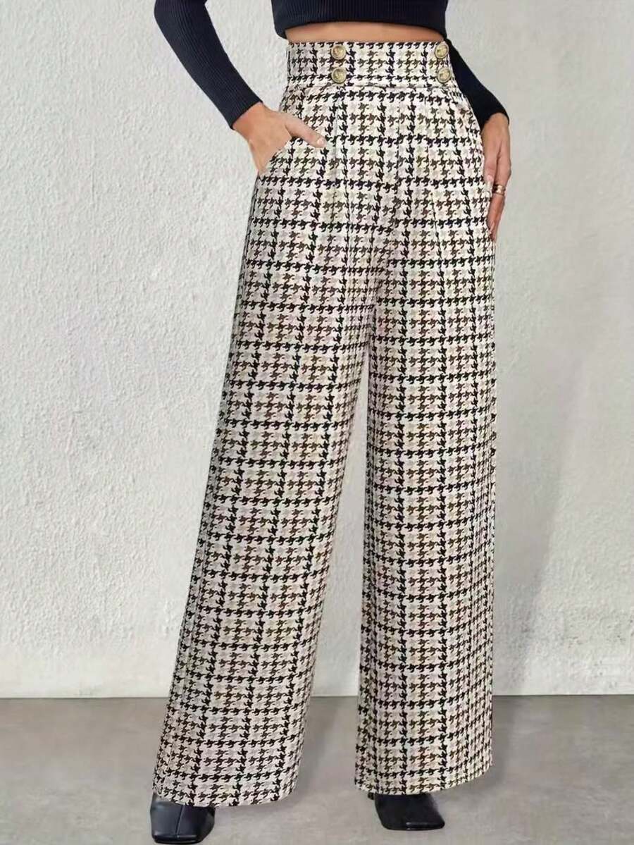 Houndstooth Thermal Lined Straight Leg Casual Pants, Autumn/Winter - Multicolor - View 1