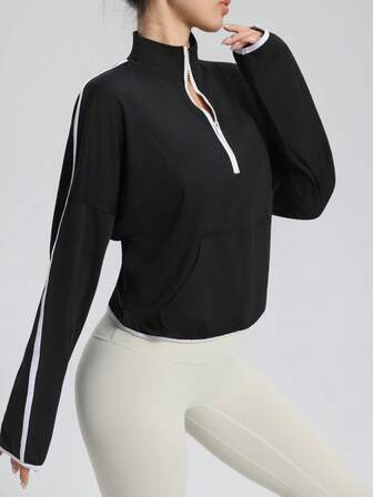 Women's Outdoor Sports Running Stand Collar Casual Pullover, Long Sleeve Half Zip Pocket Fitness Yoga T-Shirt