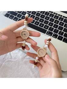 1 Piece Women's Beaded Strap Small Dial Simple Ins Niche High-value Simple Quartz Watch Suitable For Students and Lady to Wear Daily - 白色 - 查看 4