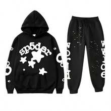 Fashion Street Hooded Set - Playful Star And Letter Print, Loose Casual Design, Preferred Two - Piece For Daily Sports And Streetwear  Spring/Fall    Regular Fit    Drawstring  Pocket - Bộ đồ đen trắng - Xem 1