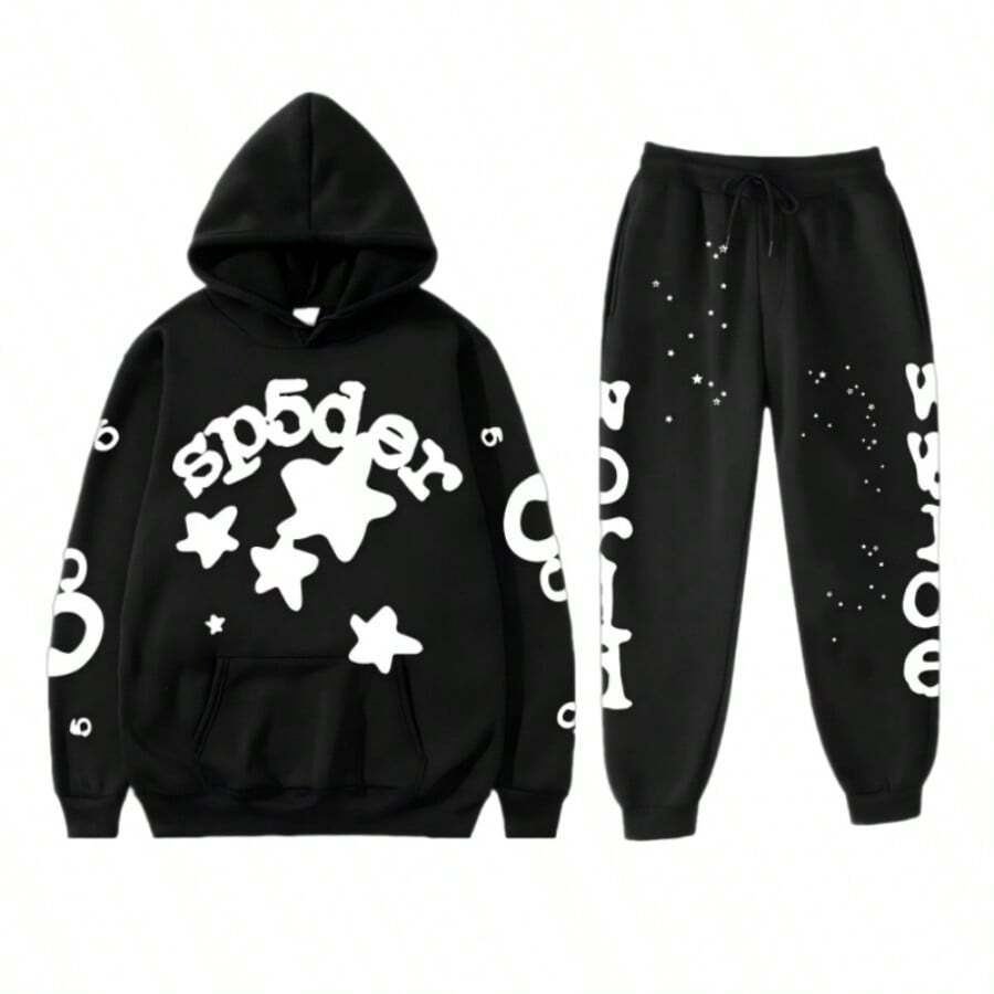 Fashion Street Hooded Set - Playful Star And Letter Print, Loose Casual Design, Preferred Two - Piece For Daily Sports And Streetwear  Spring/Fall    Regular Fit    Drawstring  Pocket - Bộ đồ đen trắng - Xem 1