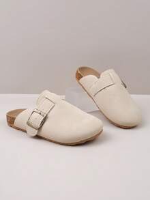1 Pair Fashion Versatile Children's Mule Slippers, Metal Buckle Decor, Suede Material, Comfortable Non-Slip, Closed Toe Strap, Beige Flat Heel, Retro Casual, Suitable For Daily Wear
