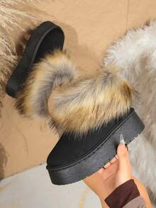 36-41 Faux Fur Lined Warm Thick Sole Snow Boots, Colorblock, Christmas, Punk Style Retro Fluffy Rhinestone Thick Sole Snow Boots, Suitable For Vacation & Outdoor Winter