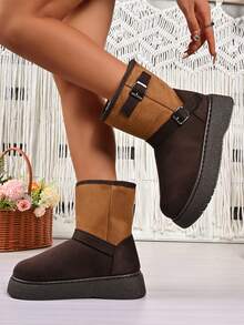 1 Pair Plus Size 36-42 Punk Style Contrast Color Gothic Thick Sole Snow Boots With Multiple Buckle Decor, For Indoor & Outdoor Wear, Winter