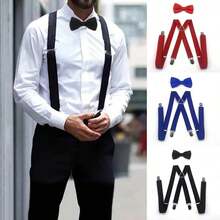 1pc/2pcs Bow Tie + Suspender Set For Men, 2.5cm Wide Solid Color Fashionable Suspender Bow Tie Set, Adjustable Clip-On Braces, Suitable For Groomsmen, Halloween, Christmas, Casual And Business Wear - Multicolor - View 2