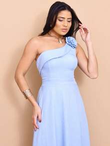 Helena Long Dress Luxury Plain Duna Linen With Slit Flowers One Shoulder - Màu xanh nhạt - Xem 4