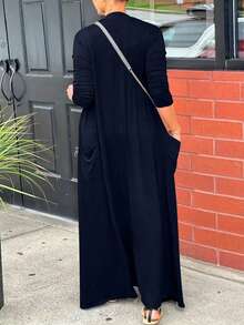 Áo khoác EARO cỡ lớn dành cho nữ, màu trơn, dáng dài, nhẹ, mở phía trước, thoải mái khi mặc hàng ngày, thoáng khí, tôn dáng, dáng rộng, mùa xuân/thu - Màu xanh hải quân - Xem 8