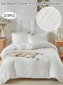 2/3 件白色簇绒纹理涤纶羽绒被套，波西米亚风格破旧别致床上用品套装，适合所有季节使用，现代波西米亚风格，柔软透气，可机洗（1 个羽绒被套 + 1/2 个枕套，无填充物） - 白色 - 查看 1