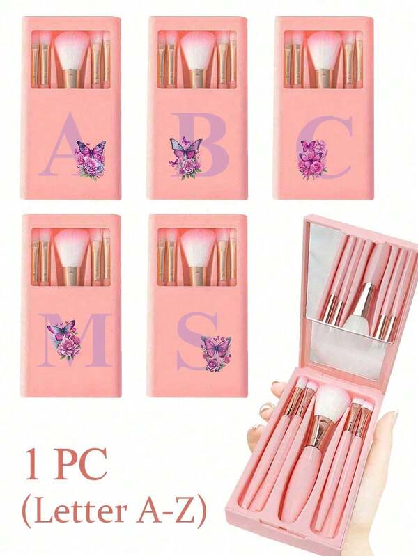 5 Pieces/Set Portable Makeup Brush Set With Mirror, Printed Purple Flower Letters A-Z, Pink Box Makeup Brush Set, Multi-Functional Makeup Brush With Mirror Box, Mini Multi-Functional Makeup Pencil, Foundation Makeup Brush, Eye Shadow Brush, Primary Beauty Tool Mixing Brush, Cosmetic Storage Box Makeup Stand Contains Makeup Brushes, Convenient For Girls To Give Gifts, Makeup Tool Set Ideal Gift, Portable Travel Supplies Travel Essentials