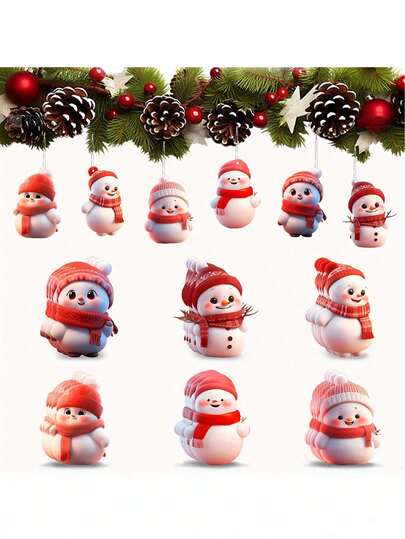 12pcs Vintage Wooden Snowman Christmas Hanging Ornaments, Festive Tree Decorations With Rope For Holiday Party, No Electricity Needed, Outdoor Christmas Decorations