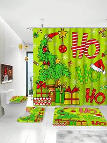 Cheerful Neon Green Christmas Cartoon Bathroom Set . Festive Holiday Decor | Cute Christmas Tree Wearing Santa Hat, Paired With Gifts, Candies And Snowflake Elements | Repeated "Ho" Text Adds Playfulness | Overall Design Is Bright And Lively, With Vivid Colors, Suitable For Children Or Households Who Enjoy Novel Colors | Includes Shower Curtain, Toilet Seat Cover, Bath Mat And Pedestal Mat