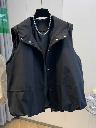 Women's Casual Sleeveless Vest Top, Fashion Versatile Peplum Hem Design, Solid Color Woven Loose Fit, With Lining Hooded Black Outerwear Vest, Suitable For Daily, Holiday Outings, Multi-Style Matching, Spring/Summer