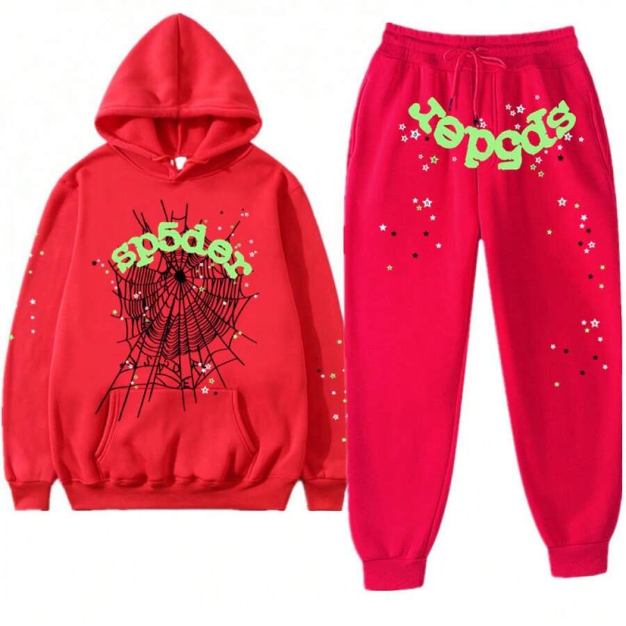 American Hip-Hop Singer Letter Print Couple Sweatshirt Unisex Hoodie Set Black Casual Wear Vacation Wear Streetwear Fabric - 8紅色 - 查看 1