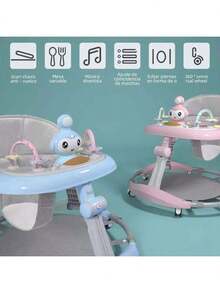 Andadera Para Bebé 3 En 1: Plegable, Portátil e Interactiva - Con Luz Musical, Mecedora, Mesa, Silla y Parasol, 6 Posiciones Ajustables para Bebés de Diferentes Alturas - Azul - Ver 6