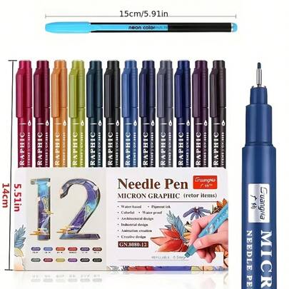12-Color Micron Graphics Scalable Pen - Ultra-Fine 0.5 Mm / 0.197 Inch Tip, Water-Resistant, Quick-Drying Ink, Easy To Hold - Suitable For Students And Artists