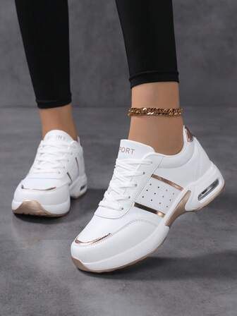 春秋新款大码轻便气垫PU皮休闲鞋，白金拼接运动鞋，女款厚底运动鞋，女款增高运动鞋，系带简约情侣旅游鞋，男款运动鞋，男款休闲鞋，女款路跑鞋，女款白色运动鞋