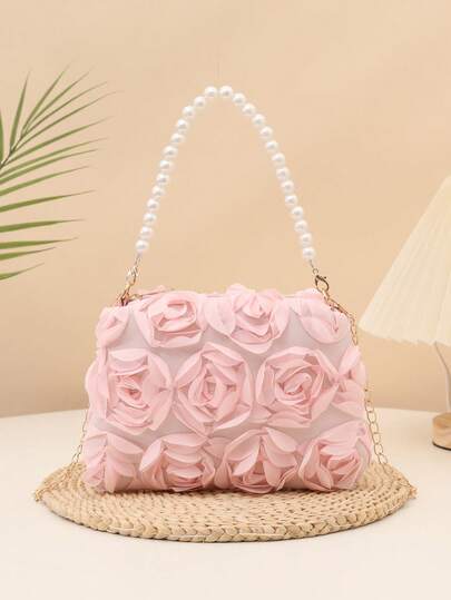 1pc Elegant 3D Rose Flower Shoulder Bag, Metal Chain Crossbody Bag, Faux Pearl Handbag, Women's Party Dress, Party Bag, Holiday Party Dress, Valentine's Gift, Bridal Bag, Bridesmaid Bag, Suitable For Party, Date, Wedding, Evening (Pattern Random) 1pc Fashionable Floral Handbag, Pearl Decor Chain Shoulder Bag, Floral Fabric, New Summer Fashion Women Bag, Versatile Crossbody Bag, Shoulder Bag, Lightweight Clutch Suitable For Party, Nightclub, Shopping, Date ,Wedding , Pink , Valentines Gifts