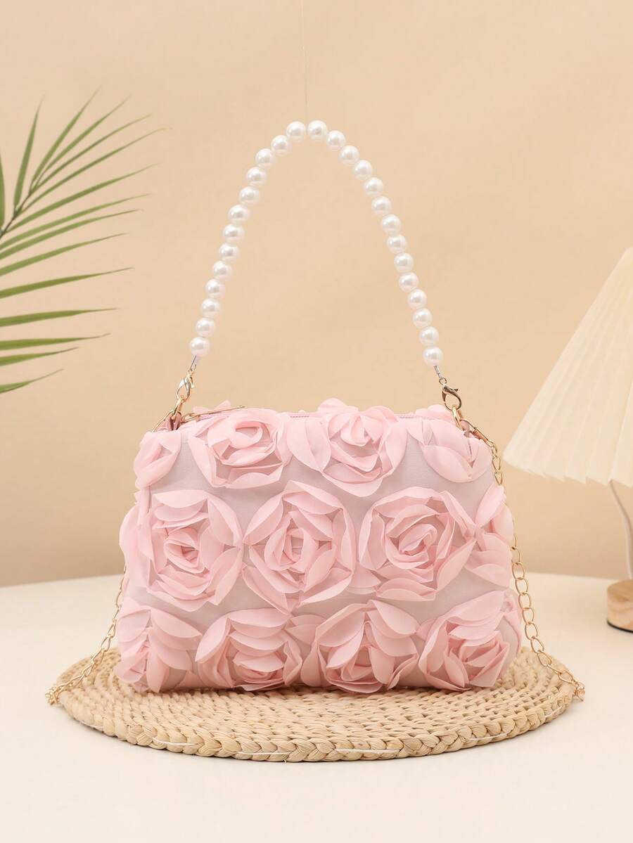 1pc Elegant 3D Rose Flower Shoulder Bag, Metal Chain Crossbody Bag, Faux Pearl Handbag, Women's Party Dress, Party Bag, Holiday Party Dress, Valentine's Gift, Bridal Bag, Bridesmaid Bag, Suitable For Party, Date, Wedding, Evening (Pattern Random) 1pc Fashionable Floral Handbag, Pearl Decor Chain Shoulder Bag, Floral Fabric, New Summer Fashion Women Bag, Versatile Crossbody Bag, Shoulder Bag, Lightweight Clutch Suitable For Party, Nightclub, Shopping, Date ,Wedding , Pink , Valentines Gifts, Pearl Bag, Party Bags, Wedding Items, Lace - Pink - View 1