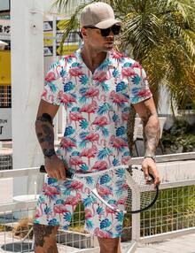 Men's Short Sets Outfits 2 Piece Summer Tracksuit Short Sleeve Polo Men's Shirt And Short Sets Summer Outfits - 熱帶火烈鳥 - 查看 1