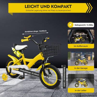 12 Inch Kids Bike For Boys Girls, 12" Yellow Children's Bicycle With Training Wheels, Dual Hand Brakes, Carbon Steel Frame, Basket & Rear Shelf