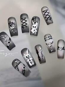 1pc 3D Gothic Punk Nail Sticker, Self-Adhesive, Embossed Rabbit & Strap Details, Create Avant-Garde Nails, Suitable For Women & Girls DIY Decoration, Ideal For Gothic Fashion & Home Manicure DIY Nail Stickers - Black - View 6