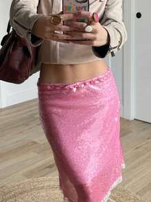 Women's Y2k Sequin Midi Skirts Lace Trim Knee-Length Skirt Sparkly Summer Bodycon Low Rise Skirts See Through Casual Dating Going Out Outfit Beach Vacation Aesthetic Clothes Streetwear Party Clubwear - Hồng - Xem 3