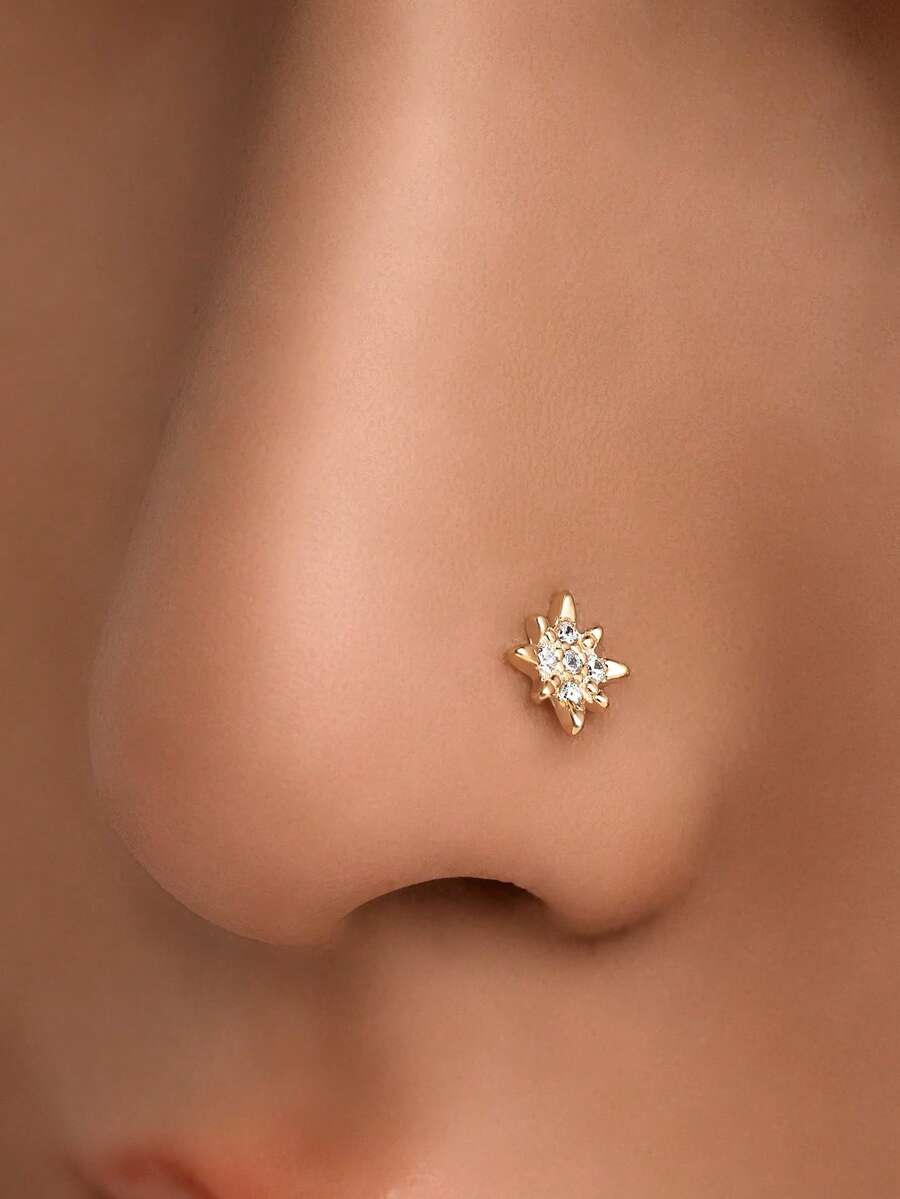 1pc S925 Sterling Silver Gold Mini Zirconia Eight-Pointed Star Nose Stud/Ear Stud/Lip Stud - Gold-Plated Hypoallergenic - Small And Exquisite Men's And Women's Unisex Facial Piercing Jewelry - Sterling Silver Jewelry - Fashionable And Personalized Hip-Hop - Suitable For Daily Wear