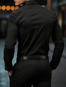 Mode Camisa casual/de oficina de unicolor de manga larga y de una sola hilera de botones para hombre - Negro - Ver 2