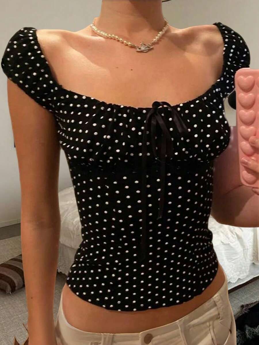 Women Y2K Dot Short Sleeve T Shirt Top Tie Up Front Square Neck Slim Fit Tee Shirts Crop Tops Summer Teen Girls Fairy Grunge Going Out Tops Vintage Aesthetic Clothes Streetwear - đen - Xem 1