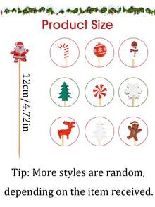 100/50pcs Christmas Toothpick Set, Suitable For Appetizers, 4.7 Inch Natural Bamboo Skewers, Applicable For Christmas, Winter Holiday Parties, Valentine's Day, New Year Cakes, Desserts, Fruits, Christmas Party Decor